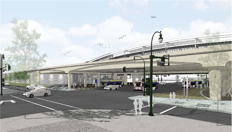 Design rendering for I-35W & Lake Street Station showing buses stopping on Lake Street under the I-35W bridge.