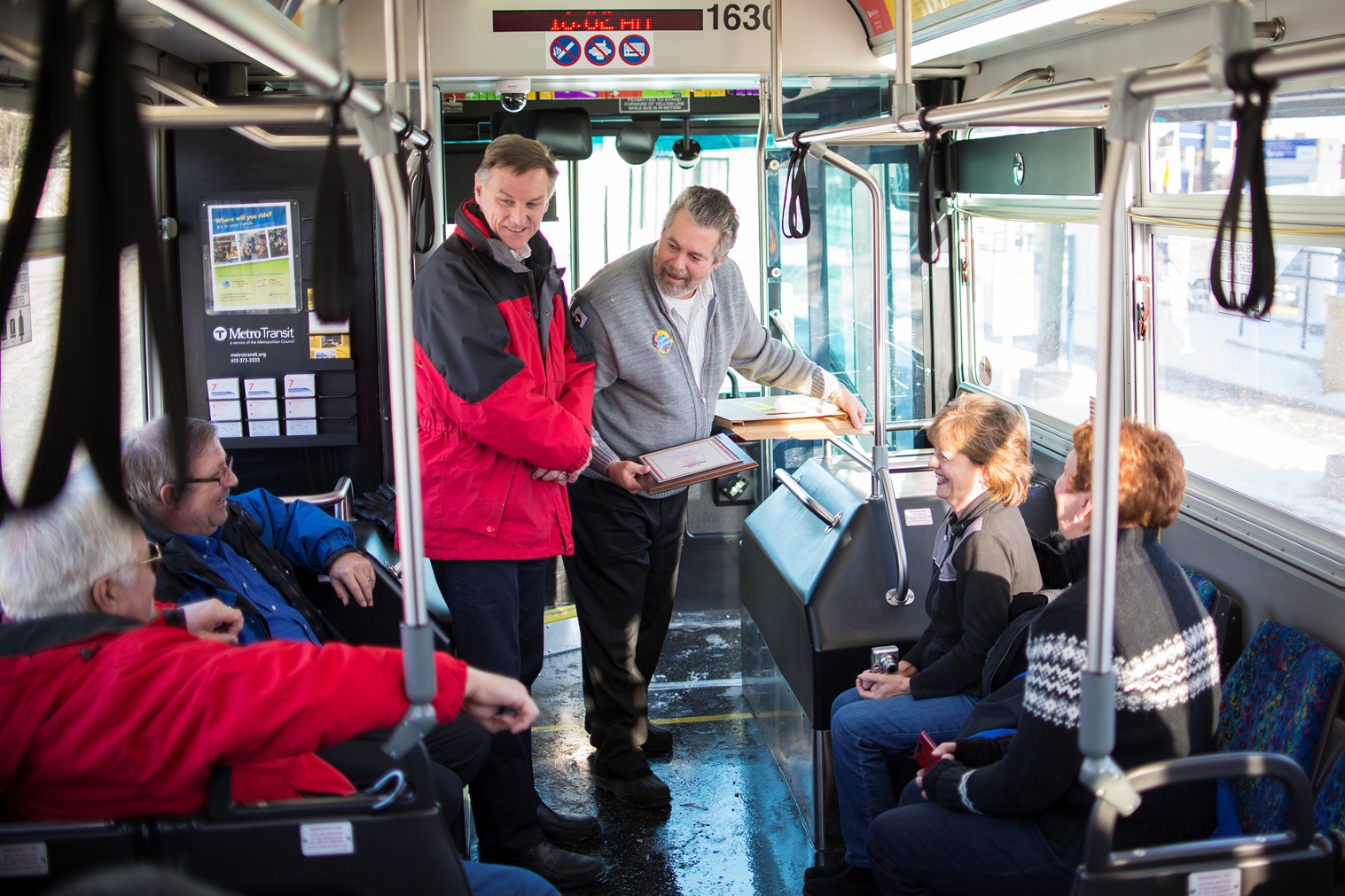 General Manager Brian Lamb, others joined Paul Liddicoat for his last workday as a Metro Transit bus operator