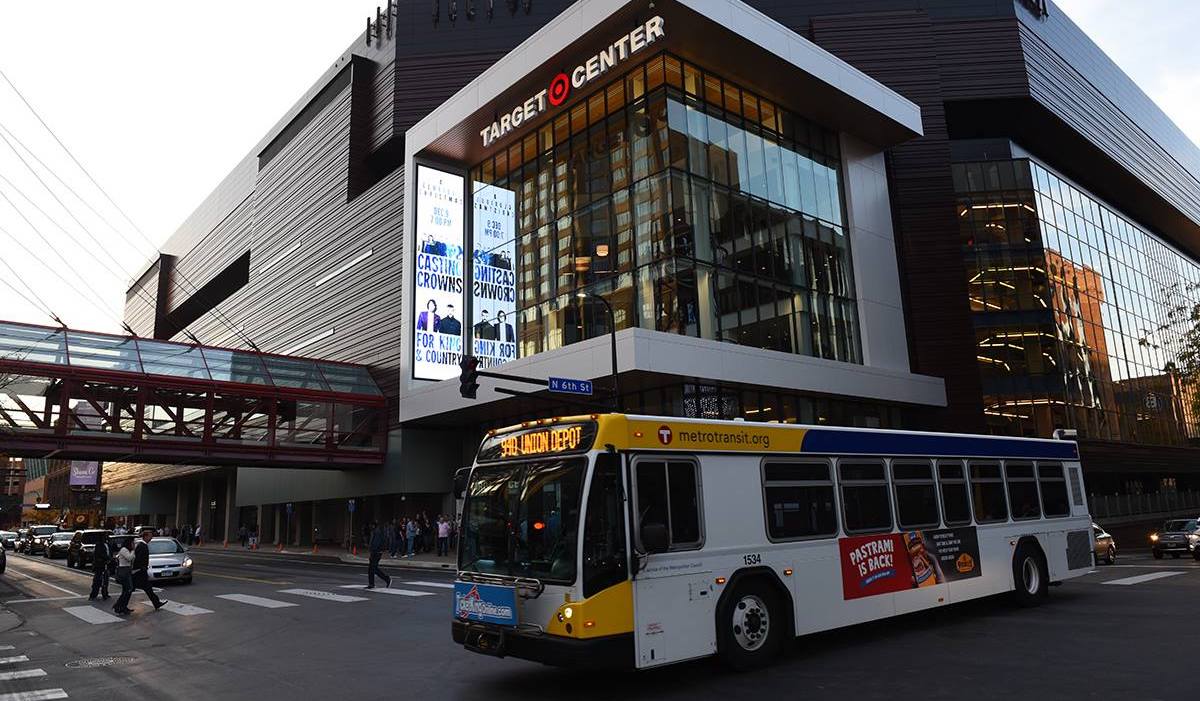 A bus driving past Target Center