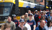 Light rail train at Target Field station for Twins game