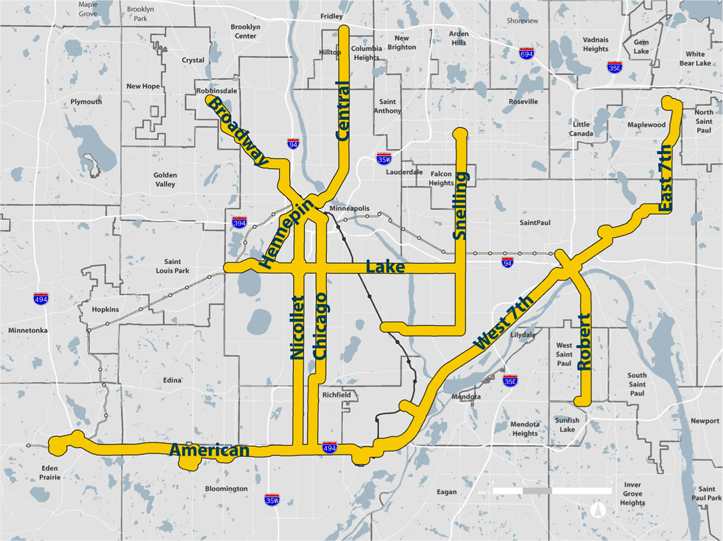 Map of potential Rapid Bus routes Arterial BRT map