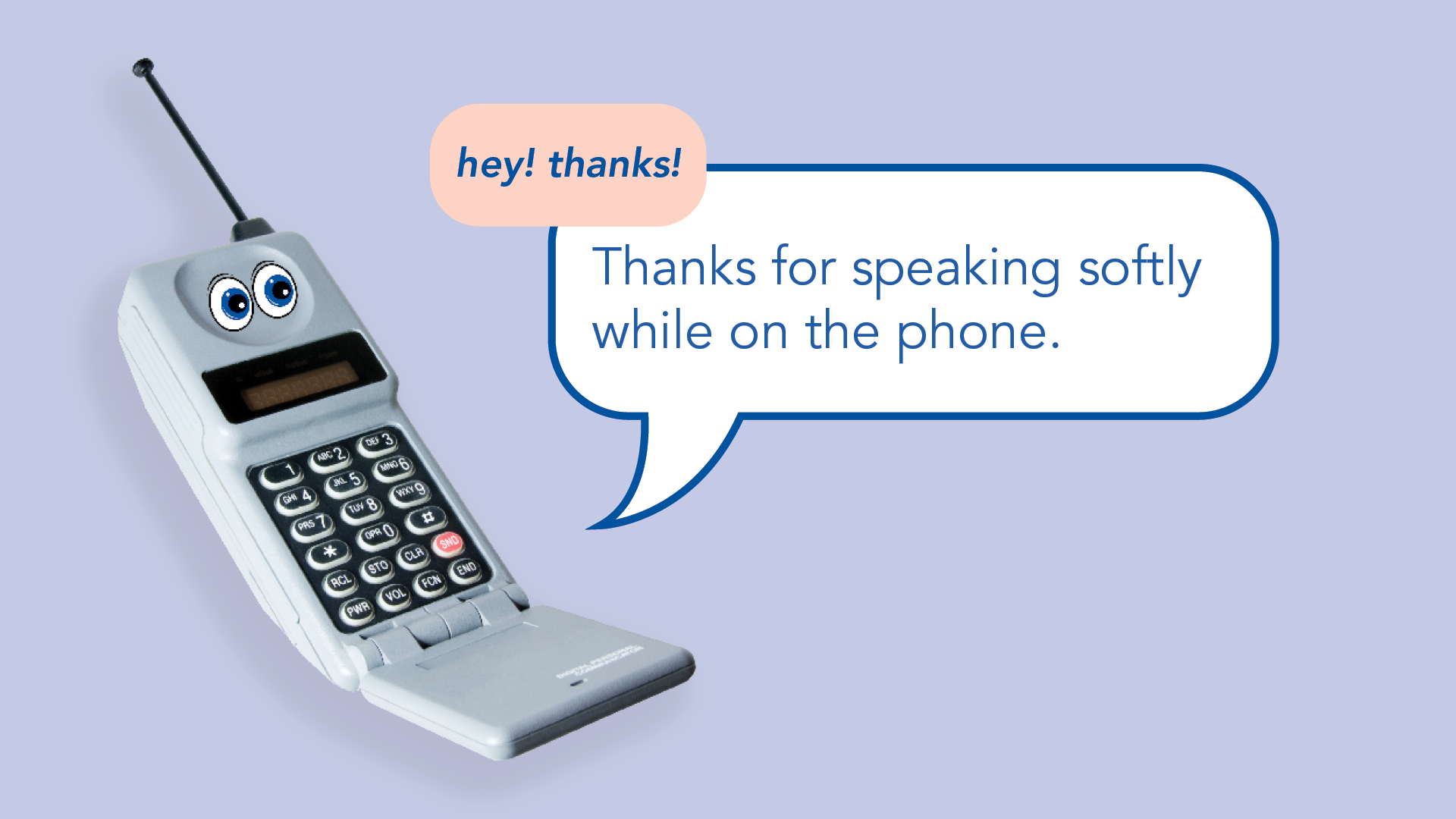 Illustration: flip phone with eyes with text in a bubble