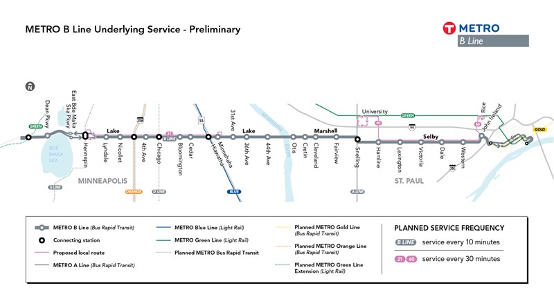 The B Line is proposed to provide 10-minute BRT service between West Lake Street Station in Minneapolis and Union Depot in St. Paul. Route 21 is proposed to provide 30-minute local service along Lake Street between Uptown Transit Station and Minnehaha Avenue. Route 60 is proposed to provide 30-minute local service along Selby Avenue providing connections between Snelling & University Station and Capitol/Rice Street Station. At its western end, Route 60 would operate along Hamline Avenue, University Avenue, Pascal Street, St. Anthony Avenue, and Snelling Avenue before returning east via University Avenue. At its eastern end, Route 60 would operate along John Ireland Boulevard, Marion Street, University Avenue, Rice Street, and Aurora Avenue before returning west. 