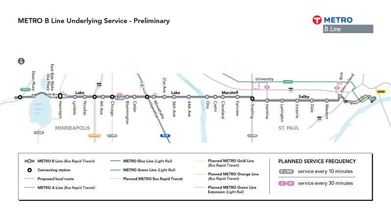 The B Line is proposed to provide 10-minute BRT service between West Lake Street Station in Minneapolis and Union Depot in St. Paul. Route 21 is proposed to provide 30-minute local service along Lake Street between Uptown Transit Station and Minnehaha Avenue. Route 60 is proposed to provide 30-minute local service along Selby Avenue providing connections between Snelling & University Station and Capitol/Rice Street Station. At its western end, Route 60 would operate along Hamline Avenue, University Avenue, Pascal Street, St. Anthony Avenue, and Snelling Avenue before returning east via University Avenue. At its eastern end, Route 60 would operate along John Ireland Boulevard, Marion Street, University Avenue, Rice Street, and Aurora Avenue before returning west.