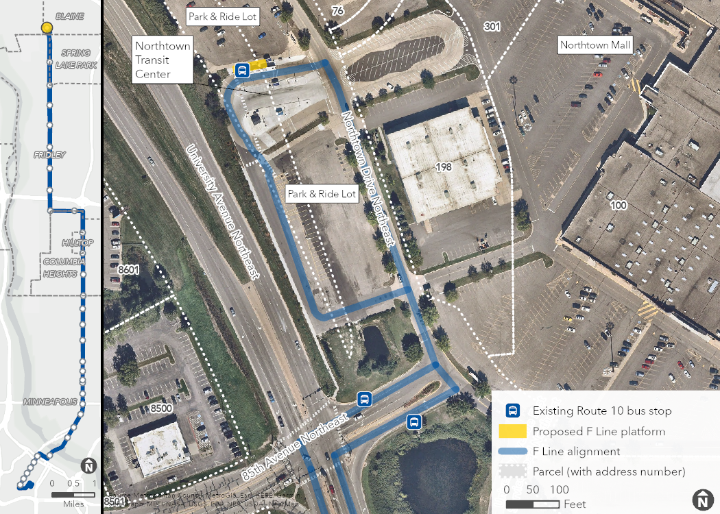Aerial map of proposed Northtown Transit Center Station location, showing the proposed platform, F Line alignment, and surrounding area, including property boundaries (with address numbers).
