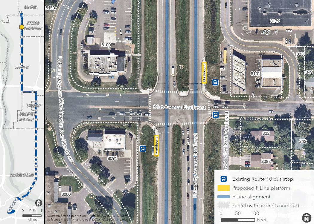 Aerial map of proposed University & 81st Avenue Station location, showing the proposed platforms, F Line alignment, and surrounding area, including property boundaries (with address numbers).