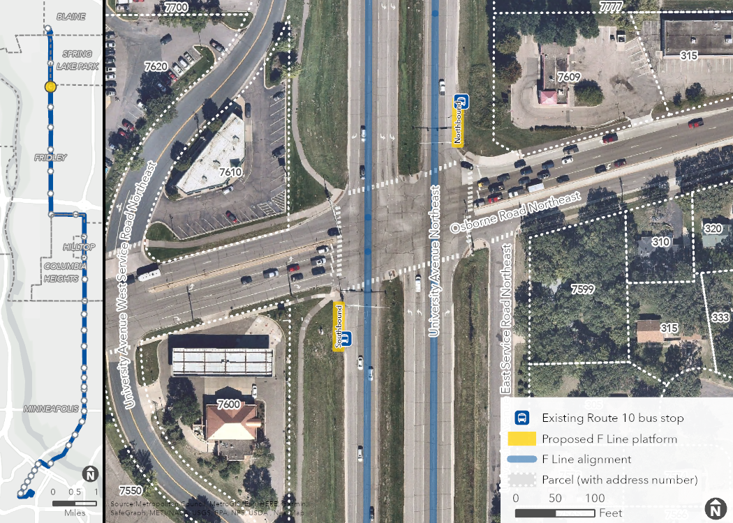 Aerial map of proposed University & Osborne Avenue Station location, showing the proposed platforms, F Line alignment, and surrounding area, including property boundaries (with address numbers).