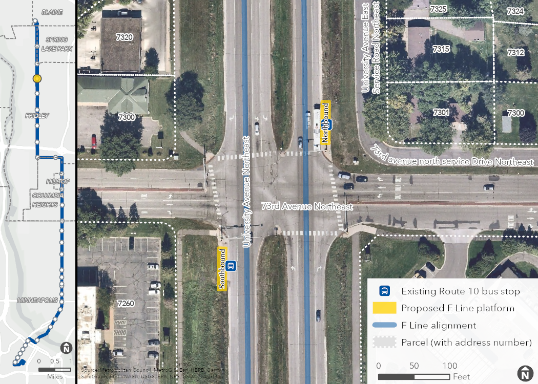 Aerial map of proposed University & 73rd Avenue Station location, showing the proposed platforms, F Line alignment, and surrounding area, including property boundaries (with address numbers).