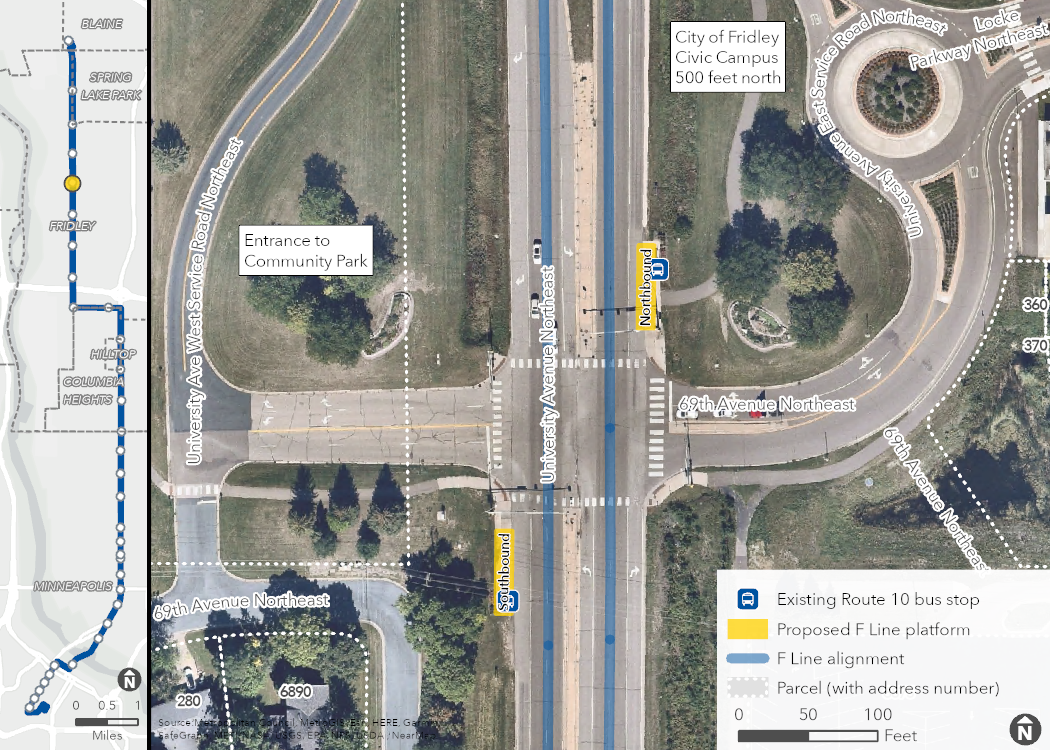 Aerial map of proposed University & 69th Avenue Station location, showing the proposed platforms, F Line alignment, and surrounding area, including property boundaries (with address numbers).