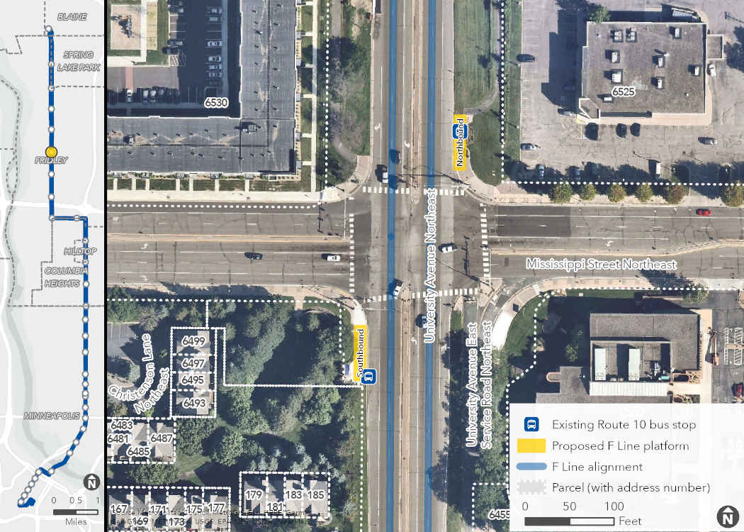 Aerial map of proposed University & Mississippi Station location, showing the proposed platforms, F Line alignment, and surrounding area, including property boundaries (with address numbers).