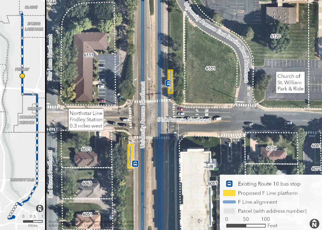 Aerial map of proposed University & 61st Avenue Station location, showing the proposed platforms, F Line alignment, and surrounding area, including property boundaries (with address numbers).