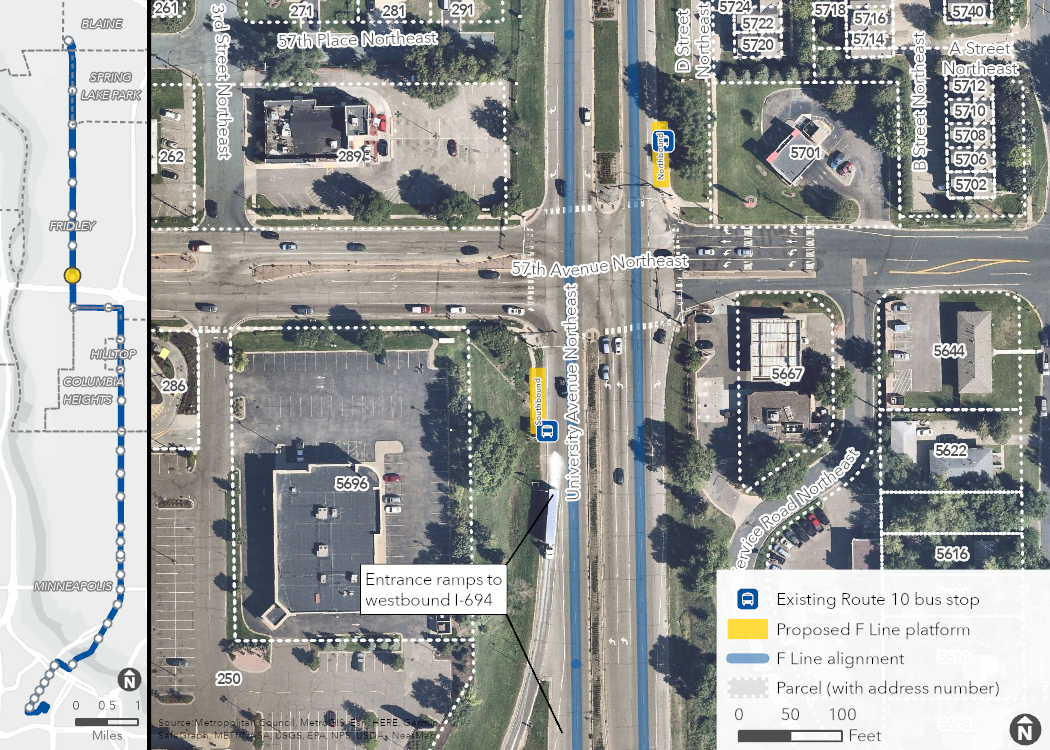 Aerial map of proposed University & 57th Avenue Station location, showing the proposed platforms, F Line alignment, and surrounding area, including property boundaries (with address numbers).