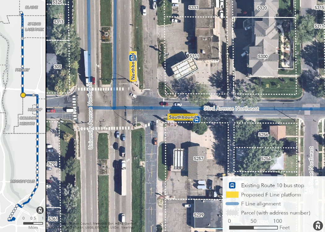 Aerial map of proposed University & 53rd Avenue Station location, showing the proposed platforms, F Line alignment, and surrounding area, including property boundaries (with address numbers).