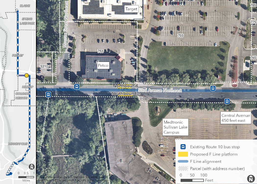 Aerial map of proposed 53rd Avenue & Monroe-Central Station location, showing the proposed platforms, F Line alignment, and surrounding area, including property boundaries (with address numbers).