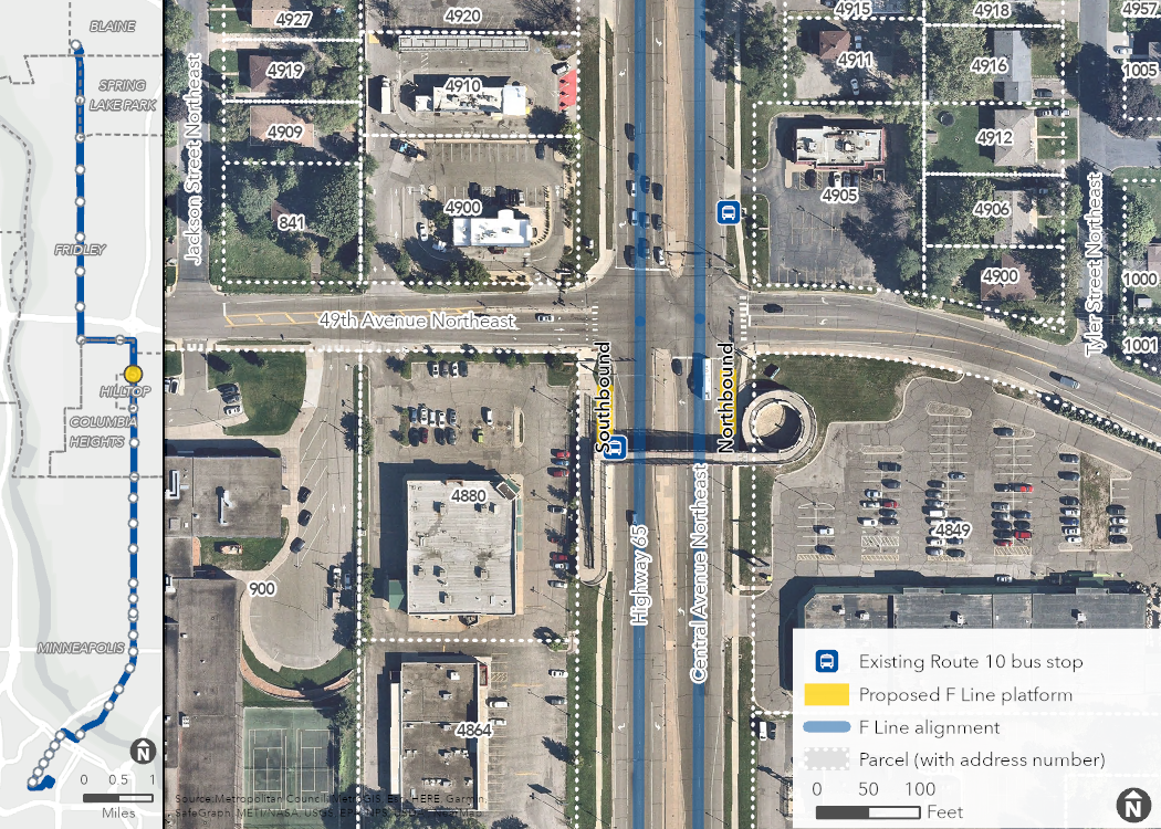 Aerial map of proposed Central & 49th Avenue Station location, showing the proposed platforms, F Line alignment, and surrounding area, including property boundaries (with address numbers).