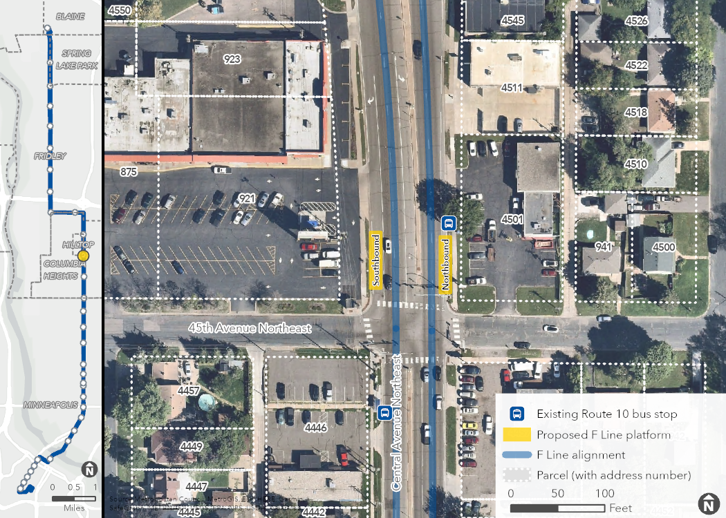 Aerial map of proposed Central & 45th Avenue Station location, showing the proposed platforms, F Line alignment, and surrounding area, including property boundaries (with address numbers).