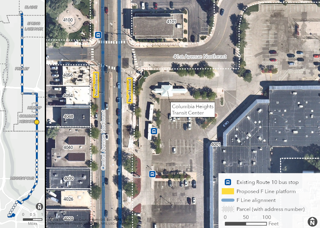 Aerial map of proposed Central & 41st Avenue Station location, showing the proposed platforms, F Line alignment, and surrounding area, including property boundaries (with address numbers).