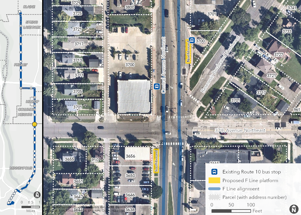 Aerial map of proposed Central & 37th Avenue Station location, showing the proposed platforms, F Line alignment, and surrounding area, including property boundaries (with address numbers).