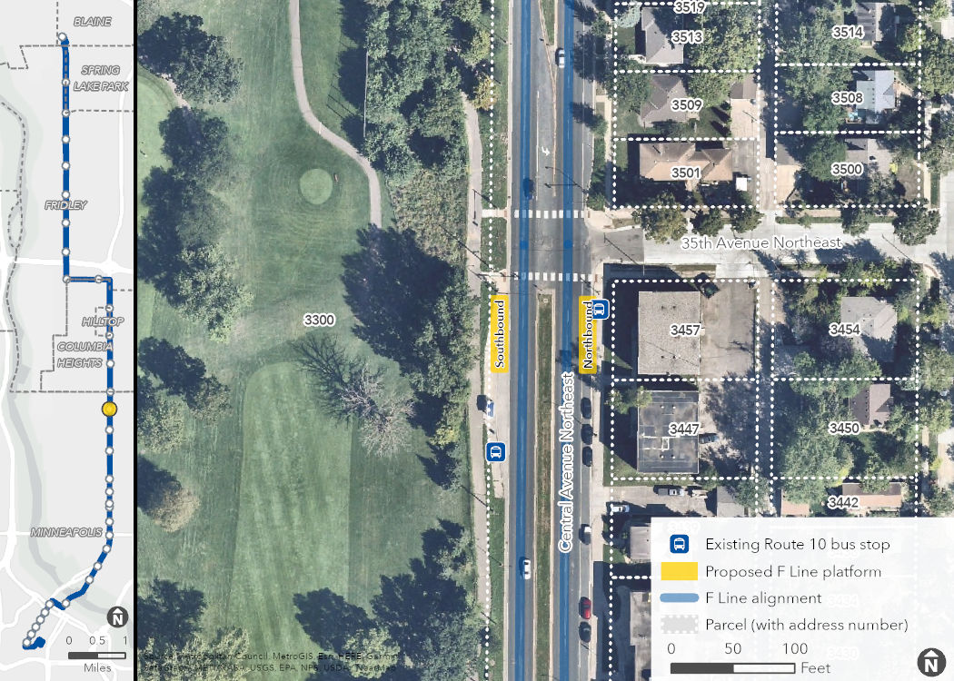 Aerial map of proposed Central & 35th Avenue Station location, showing the proposed platforms, F Line alignment, and surrounding area, including property boundaries (with address numbers).