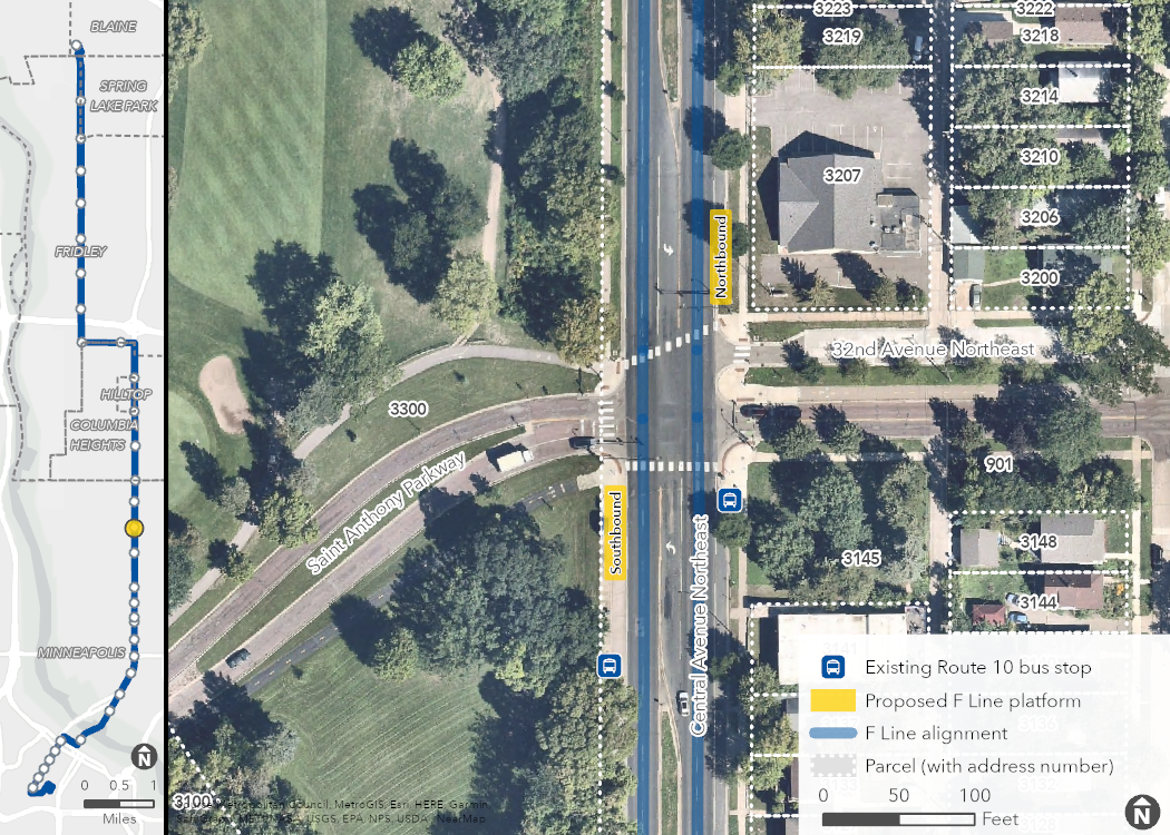 Aerial map of proposed Central & St. Anthony Station location, showing the proposed platforms, F Line alignment, and surrounding area, including property boundaries (with address numbers).