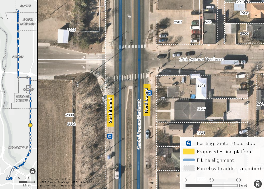 Aerial map of proposed Central & 29th Avenue Station location, showing the proposed platforms, F Line alignment, and surrounding area, including property boundaries (with address numbers).