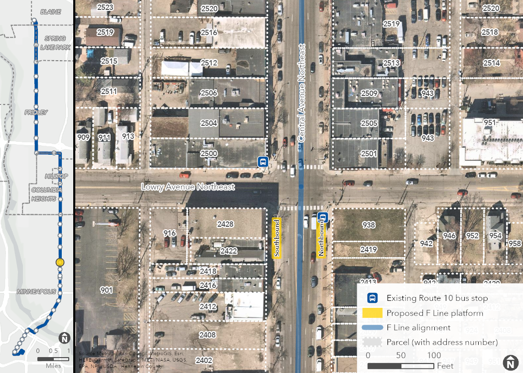 Aerial map of proposed Central & Lowry Station location, showing the proposed platforms, F Line alignment, and surrounding area, including property boundaries (with address numbers).