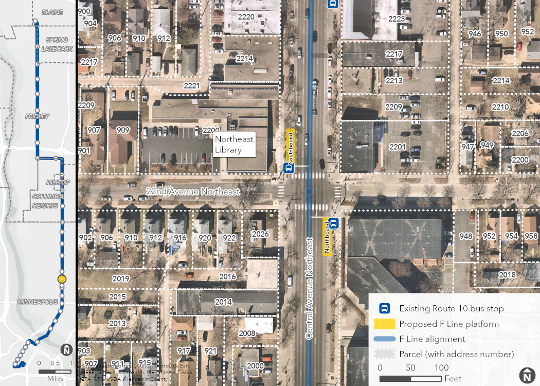 Aerial map of proposed Central & 22nd Avenue Station location, showing the proposed platforms, F Line alignment, and surrounding area, including property boundaries (with address numbers).