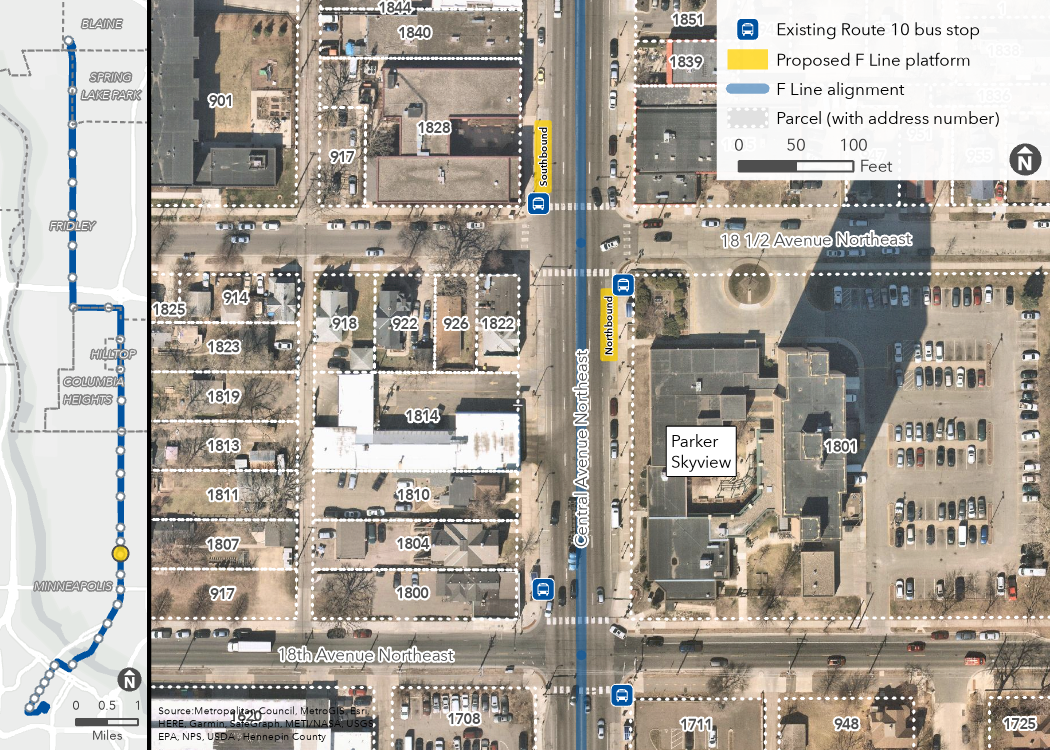 Aerial map of proposed Central & 18th Avenue Station location, showing the proposed platforms, F Line alignment, and surrounding area, including property boundaries (with address numbers).