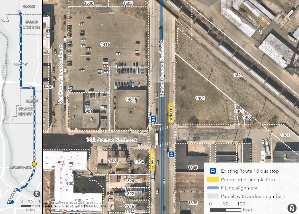 Aerial map of proposed Central & 14th Avenue Station location, showing the proposed platforms, F Line alignment, and surrounding area, including property boundaries (with address numbers).