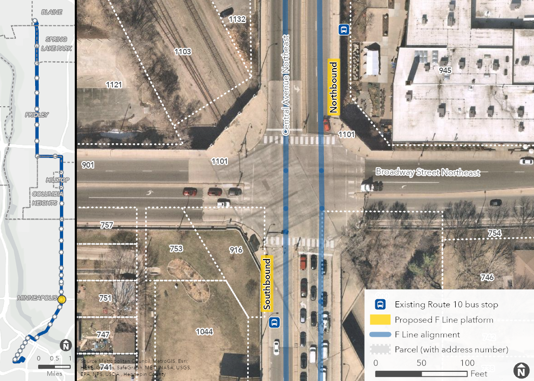 Aerial map of proposed Central & Broadway Station location, showing the proposed platforms, F Line alignment, and surrounding area, including property boundaries (with address numbers).