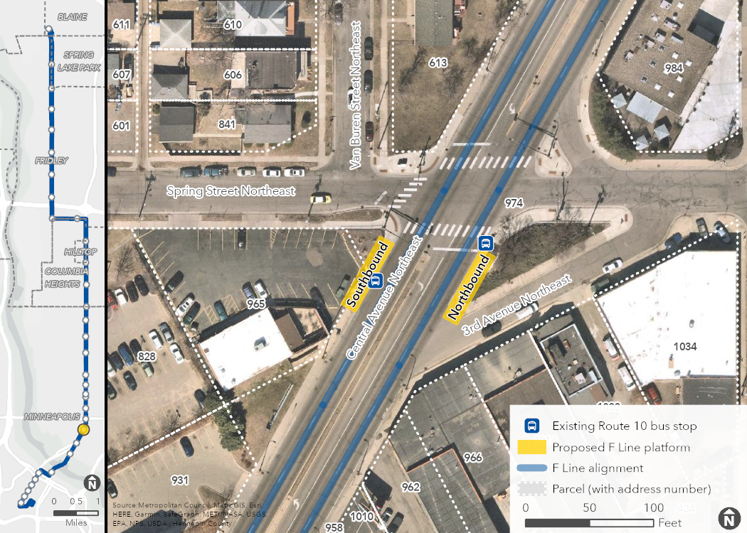 Aerial map of proposed Central & Spring Station location, showing the proposed platforms, F Line alignment, and surrounding area, including property boundaries (with address numbers).