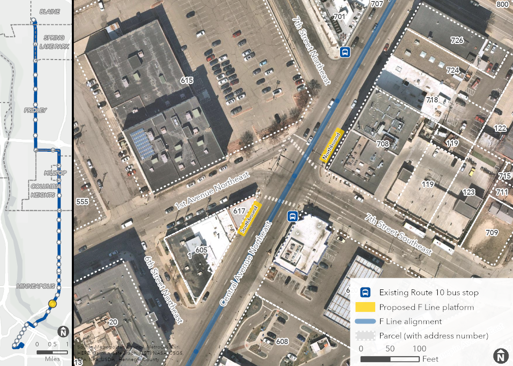 Aerial map of proposed Central & 1st Avenue/7th Street Station location, showing the proposed platforms, F Line alignment, and surrounding area, including property boundaries (with address numbers).
