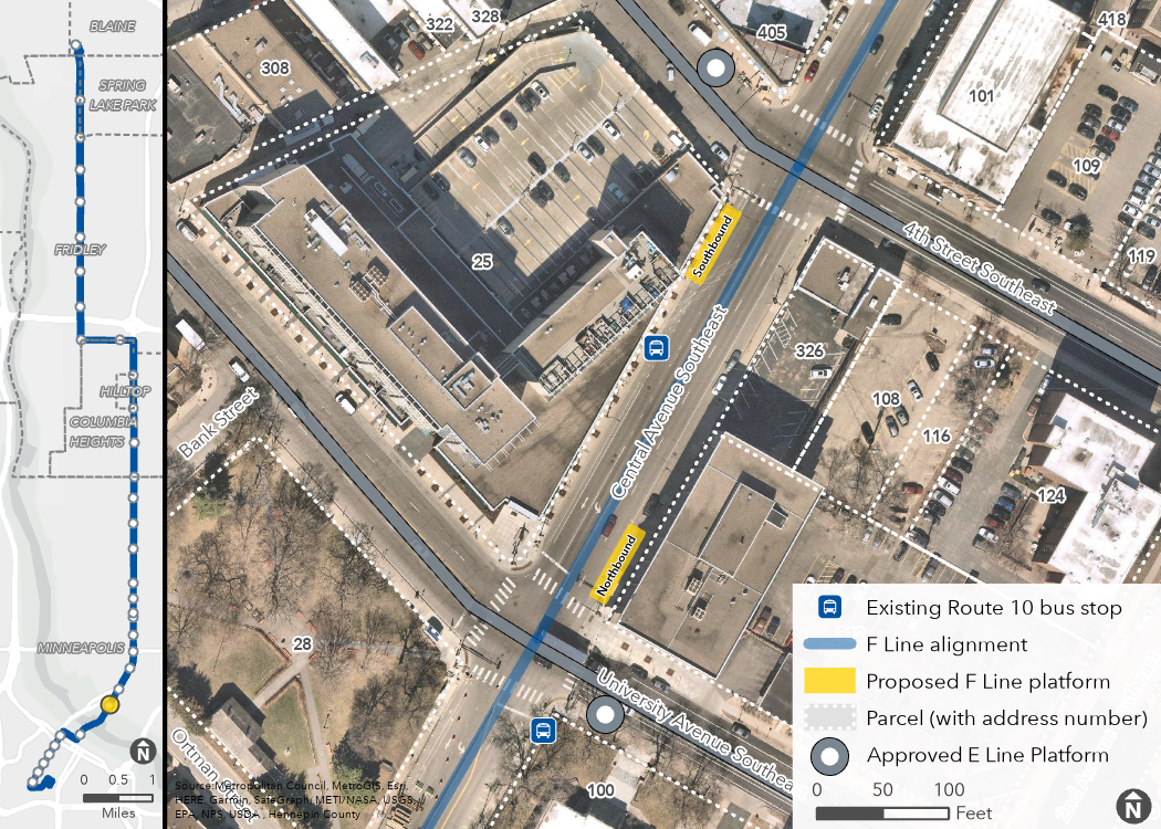 Aerial map of proposed Central & University Avenue/4th Street Station location, showing the proposed platforms, F Line alignment, and surrounding area, including property boundaries (with address numbers).