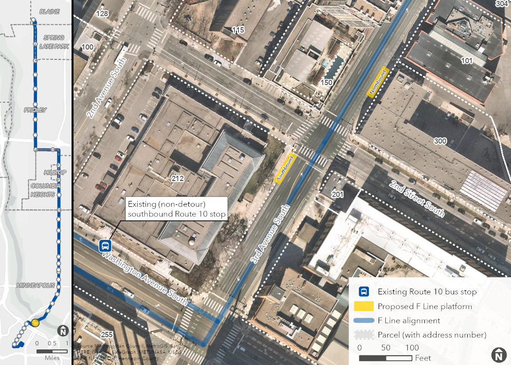 Aerial map of proposed 3rd Avenue & 2nd Street Station location, showing the proposed platforms, F Line alignment, and surrounding area, including property boundaries (with address numbers).