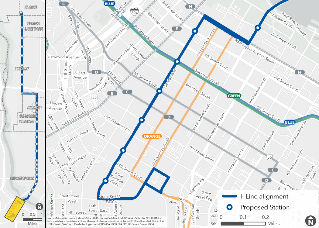 Map of the F Line alignment and proposed stations in downtown Minneapolis, and the existing and planned METRO network