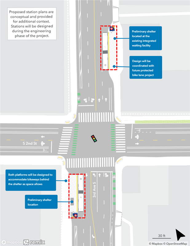 Map of proposed 3rd Avenue & 2nd Street Station plan. Northbound curbside platform proposed farside of 2nd Street . Southbound curbside platform proposed farside of 2nd Street .