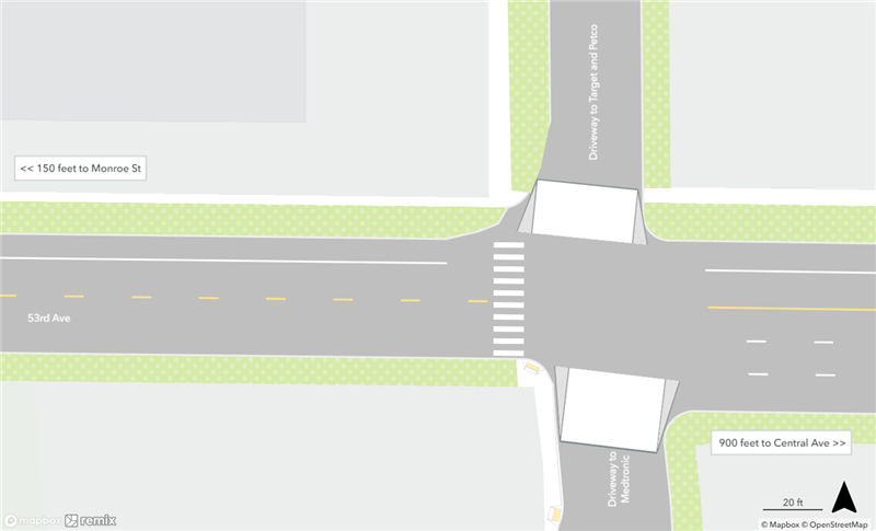 Map of existing conditions at the 53rd Avenue & Monroe-Central Station area.