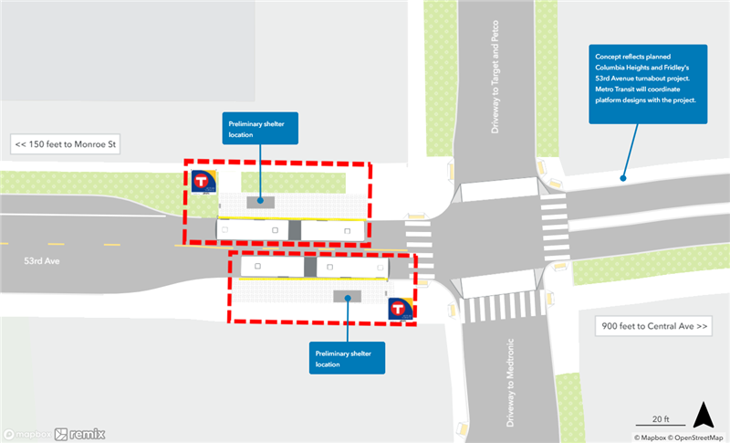 Map of proposed 53rd Avenue & Monroe-Central Station plan. Northbound curbside platform proposed farside of the driveway to Target/Petco. Southbound curbside platform proposed nearside of the driveway to Medtronic.