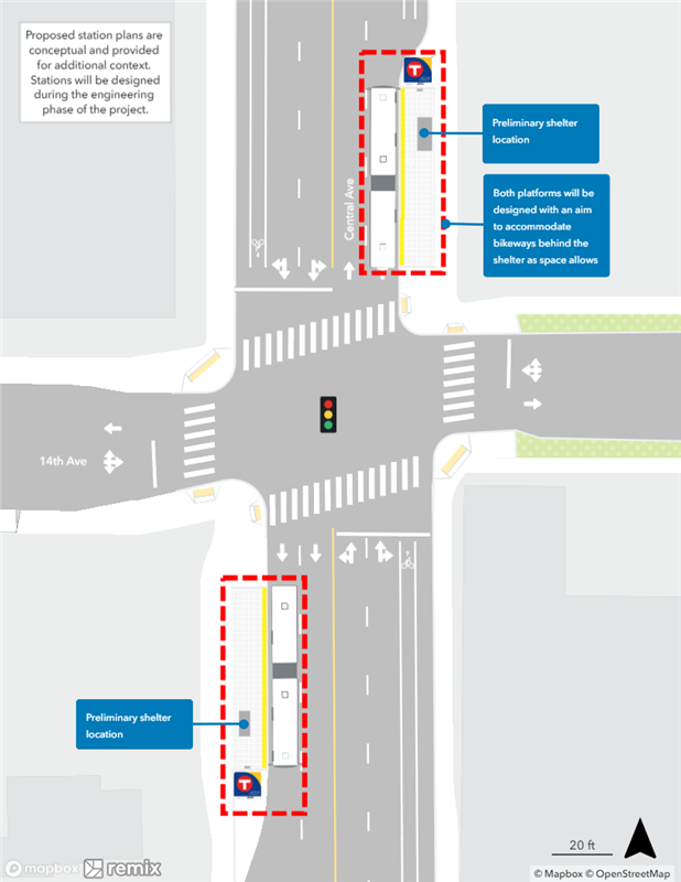 Map of proposed Central & 14th Avenue Station plan. Northbound curbside platform proposed farside of 14th Avenue. Southbound curbside platform proposed farside of 14th Avenue.