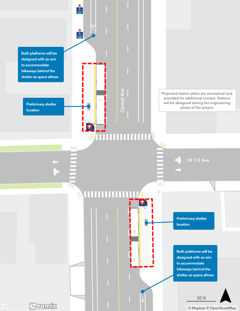 Map of proposed Central & 18th Avenue Station plan. Northbound curbside platform proposed farside of 18th Avenue. Southbound curbside platform proposed nearside of 18th Avenue.