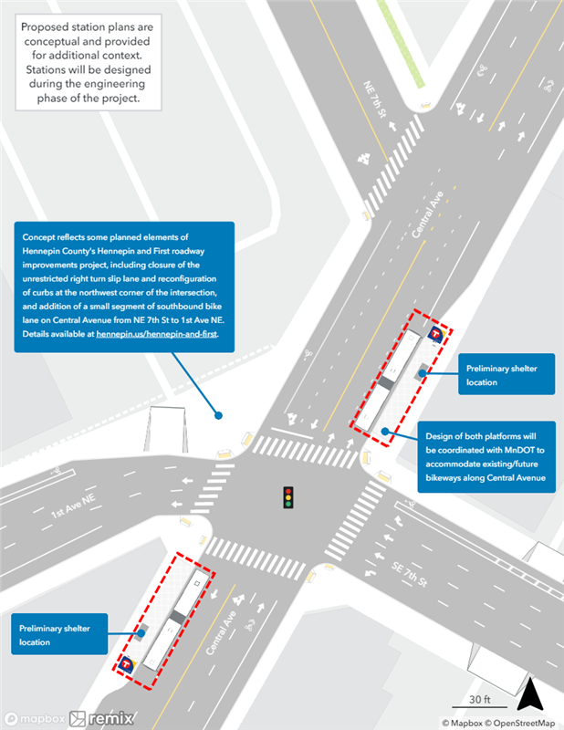 Map of proposed Central & 1st Avenue/7th Street Station plan. Northbound curbside platform proposed farside of 1st Avenue/7th Street. Southbound curbside platform proposed farside of 1st Avenue/7th Street.