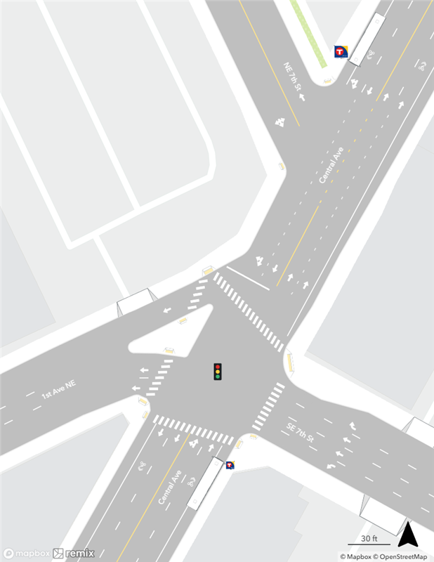 Map of existing conditions at the Central & 1st Avenue/7th Street Station area.