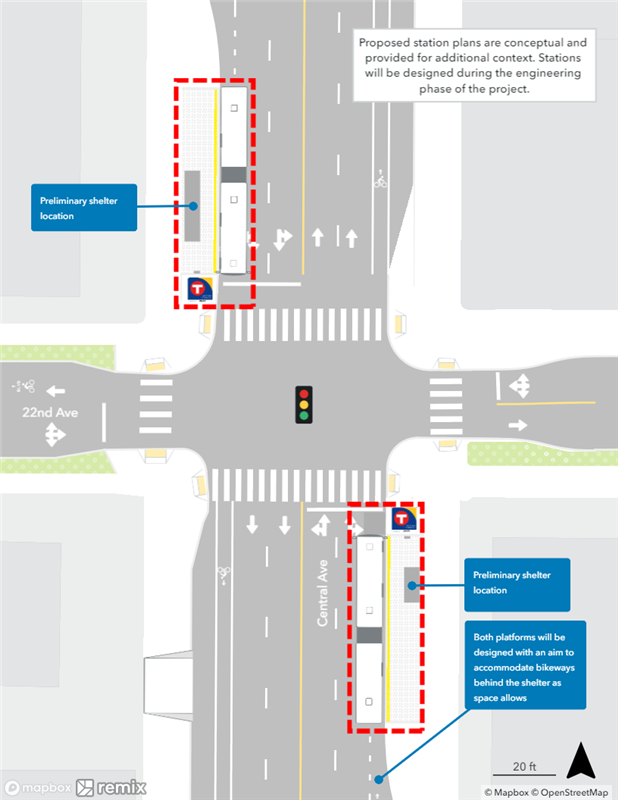 Map of proposed Central & 22nd Avenue Station plan. Northbound curbside platform proposed nearside of 22nd Avenue. Southbound curbside platform proposed nearside of 22nd Avenue.