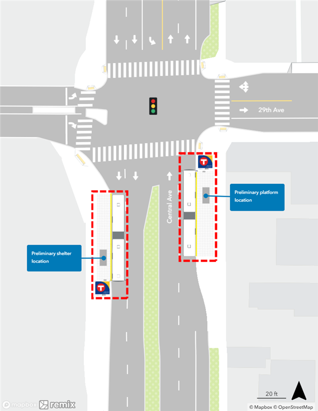 Map of proposed Central & 29th Avenue Station plan. Northbound curbside platform proposed nearside of 29th Avenue. Southbound curbside platform proposed farside of 29th Avenue.