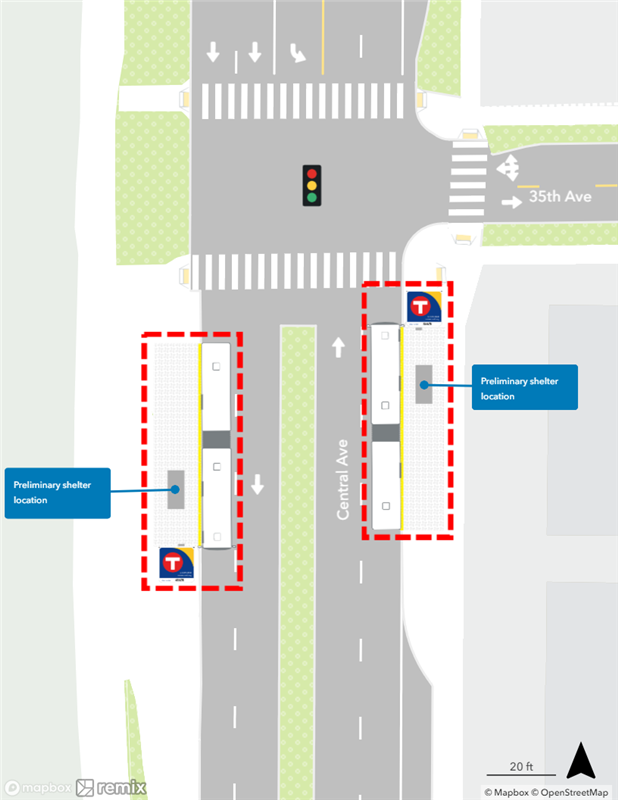 Map of proposed Central & 35th Avenue Station plan. Northbound curbside platform proposed nearside of 35th Avenue. Southbound curbside platform proposed farside of 35th Avenue.