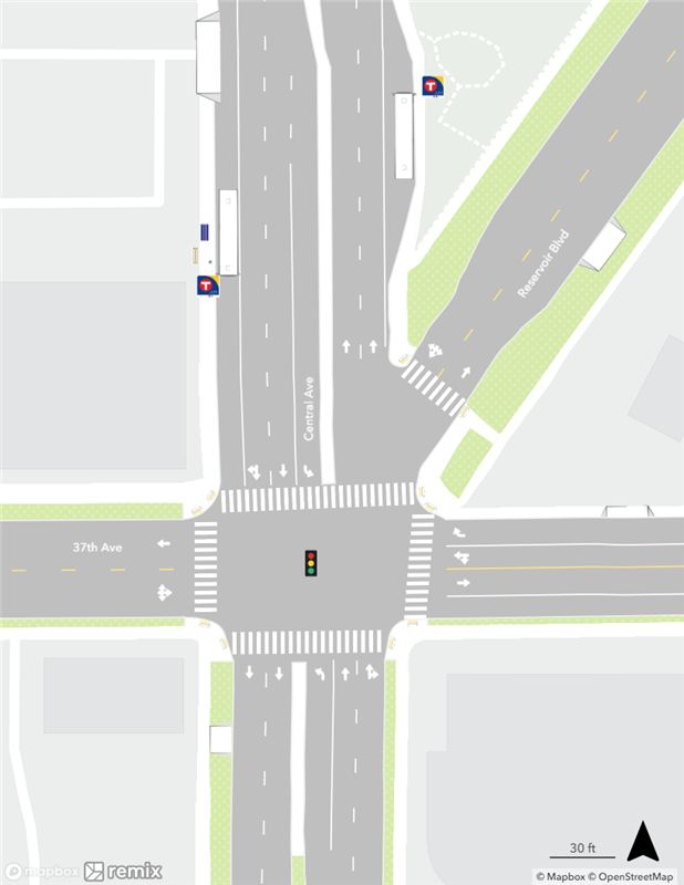 Map of existing conditions at the Central & 37th Avenue Station area.