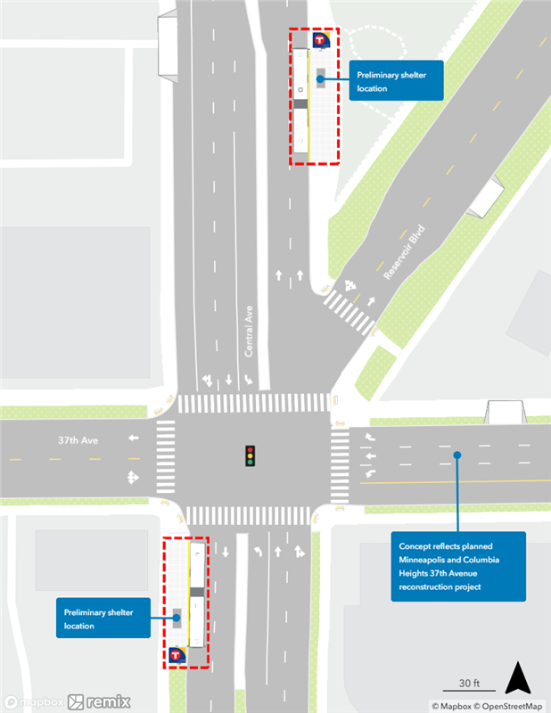 Map of proposed Central & 37th Avenue Station plan. Northbound curbside platform proposed farside of 37th Avenue. Southbound curbside platform proposed farside of 37th Avenue.