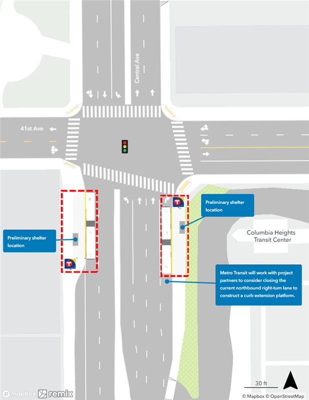 Map of proposed Central & 41st Avenue Station plan. Northbound curbside platform proposed nearside of 41st Avenue. Southbound curbside platform proposed farside of 41st Avenue.