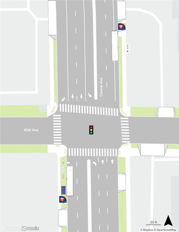 Map of existing conditions at the Central & 45th Avenue Station area.