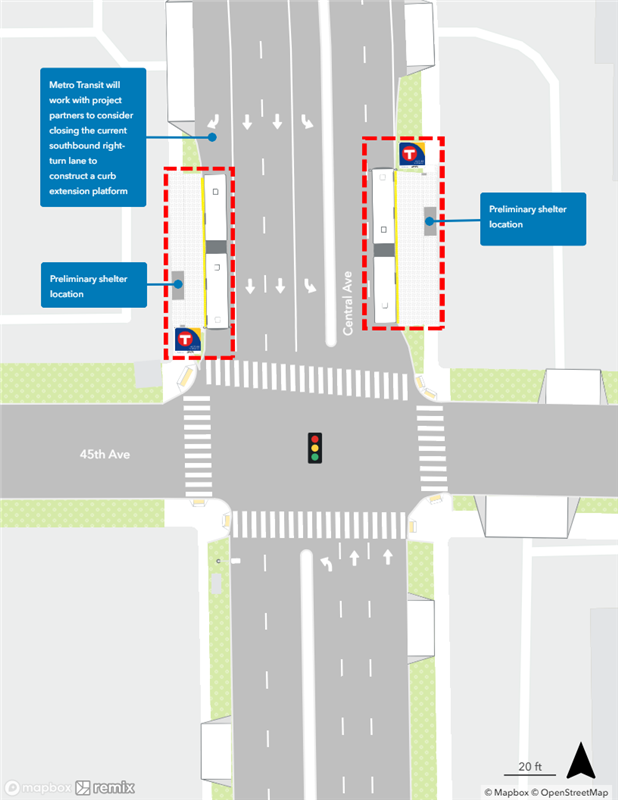 Map of proposed Central & 45th Avenue Station plan. Northbound curbside platform proposed farside of 45th Avenue. Southbound curbside platform proposed nearside of 45th Avenue.